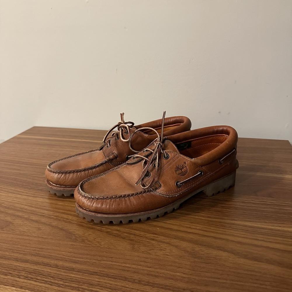 Timberland Made In USA 3-Eye Lug Boat shoes Tan Brown Pull-Up Leather Men Sz 9 M